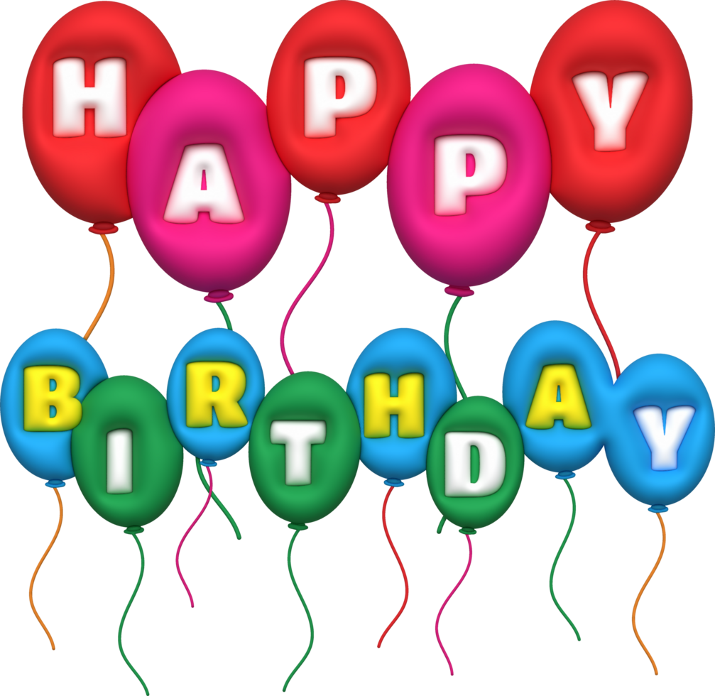 illustration 3D. Happy birthday word icon and colorful balloons. png