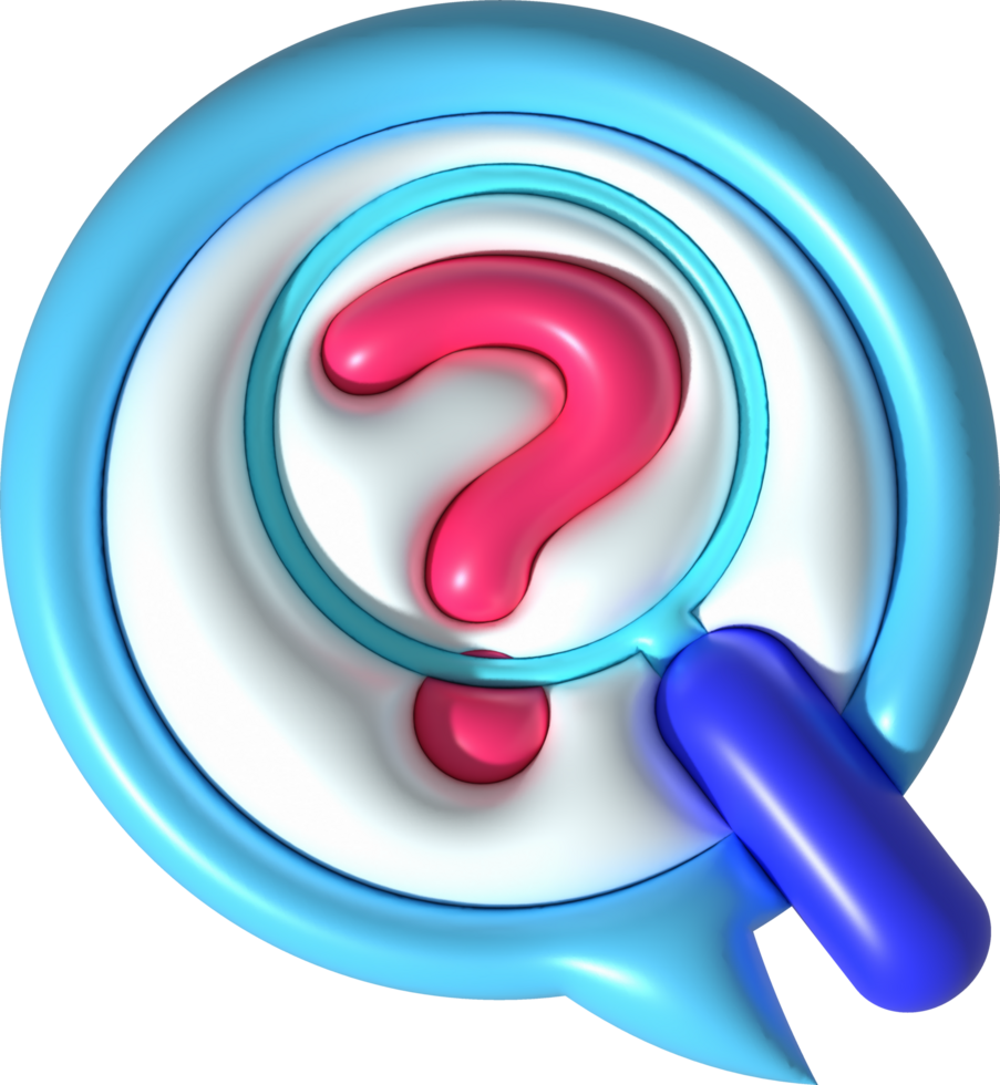 illustration 3D. Magnifying glass on question icon. The concept of searching for desired question png