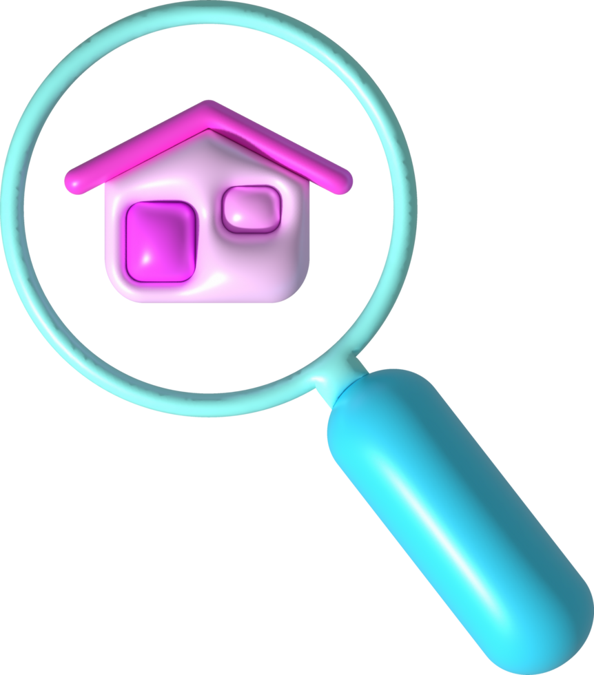 illustration 3D. Magnifying glass on house icon. housing search ideas png