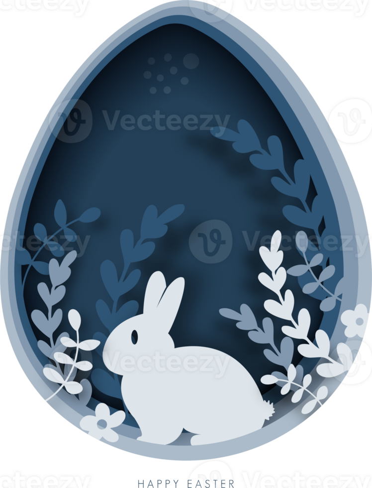 Happy easter greeting card template. paper cut illustration of easter rabbit, grass, flowers and blue egg shape. png