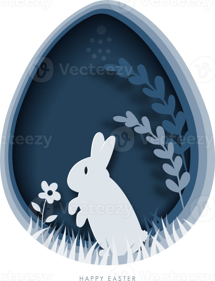 Happy easter greeting card template. paper cut illustration of easter rabbit, grass, flowers and blue egg shape. png