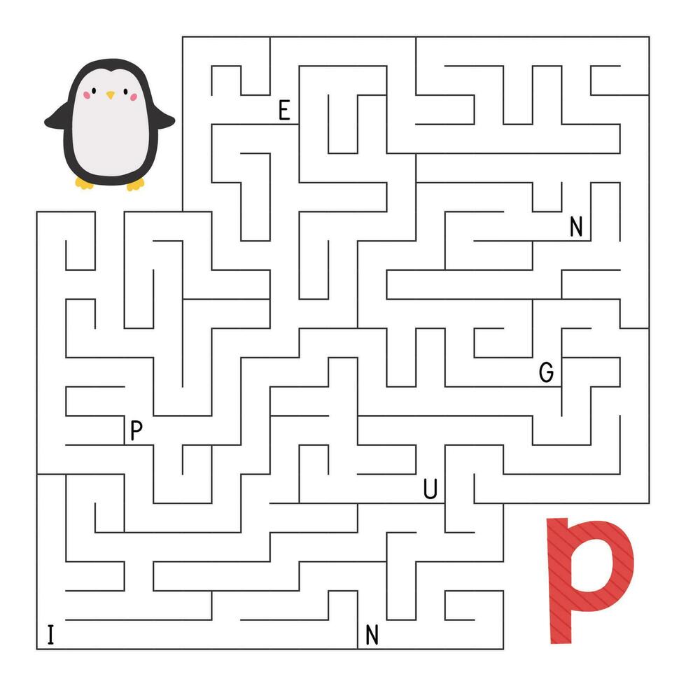 ABC maze game. Educational alphabet puzzle. Labyrinth with letters. Help penguin find right way to the letter P. Printable activity worksheet. Learn English language. Vector illustration