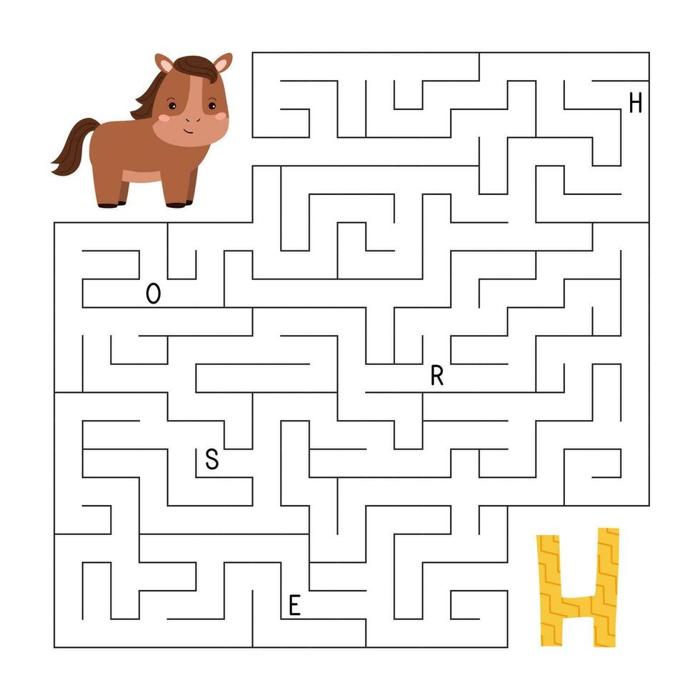 ABC maze game. Educational puzzle for kids. Labyrinth with letters. Help horse find right way to the letter H. Printable activity worksheet. Learn English language. Vector illustration