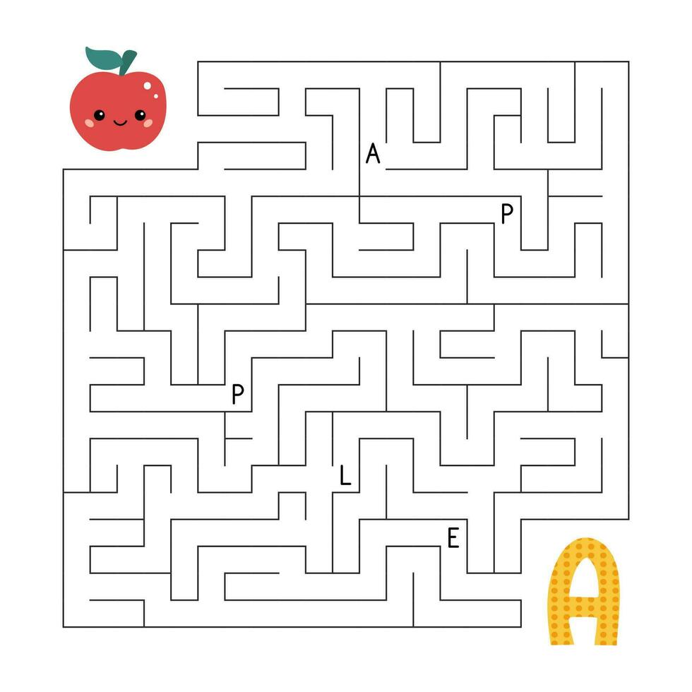 ABC maze game. Educational puzzle for kids. Labyrinth with letters. Help cartoon apple find right way to the letter A. Kawaii food. Activity worksheet. Vector illustration