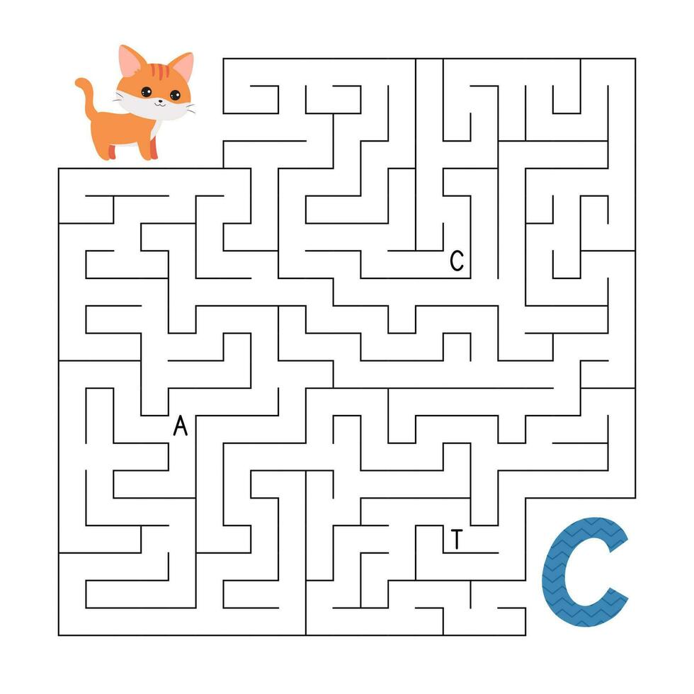 ABC maze game. Educational puzzle for preschool and school kids. Labyrinth with letters. Help cartoon cat find right way to the letter C. Activity worksheet. Vector illustration