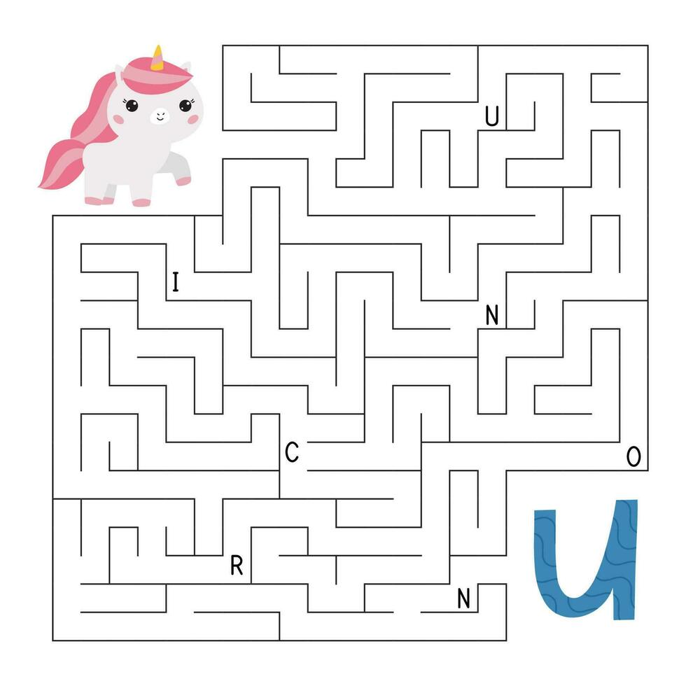 Learn letters. ABC maze game. Educational puzzle for children. Help the unicorn find right way to the letter U. Activity worksheet with labyrinth. Learn English language. Vector illustration