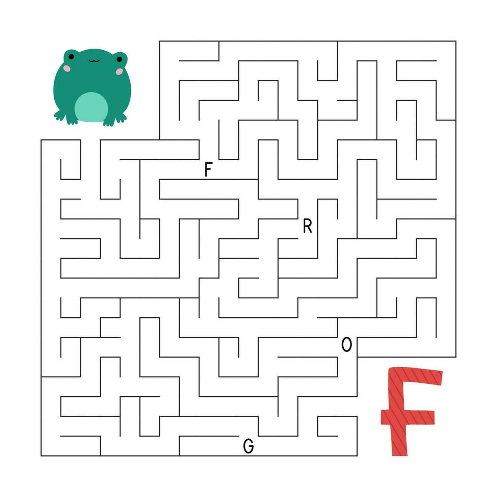 ABC maze game. Educational puzzle for kids. Labyrinth with letters. Help frog find right way to the letter F. Printable activity worksheet. Learn English language. Vector illustration