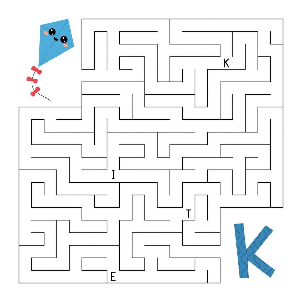 ABC maze game. Educational puzzle for children. Labyrinth with letters. Help kite find right way to the letter K. Printable activity worksheet. Learn English language. Vector illustration