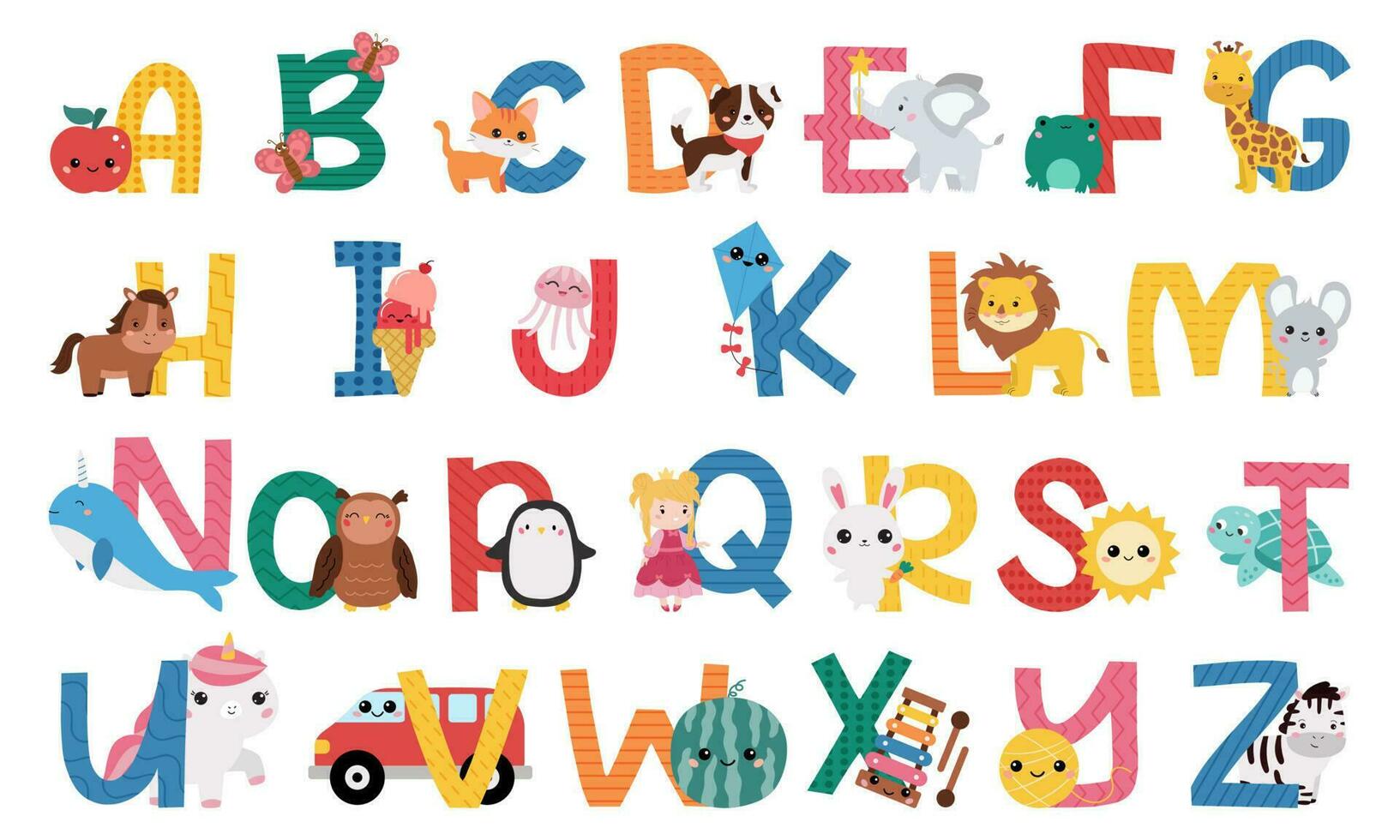 English alphabet letters with cute animals, birds, food and objects. Funny ABC for kids. Children education. Kawaii cartoon characters. Vector illustration