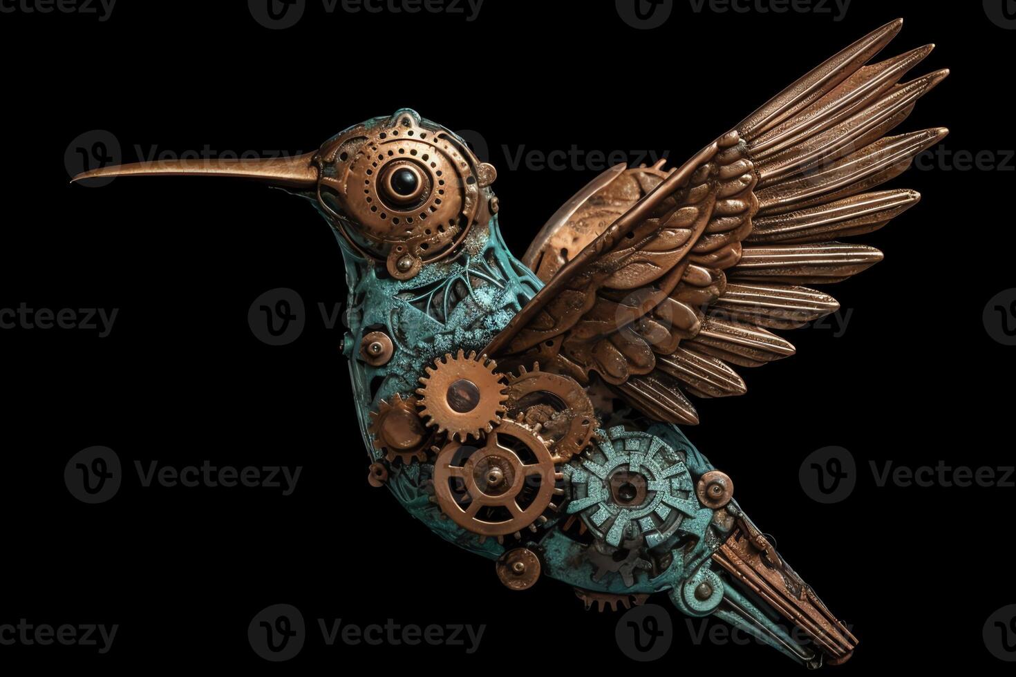 Steampunk hummingbird with clockwork gears metal and patina rust black background texture centered design. photo