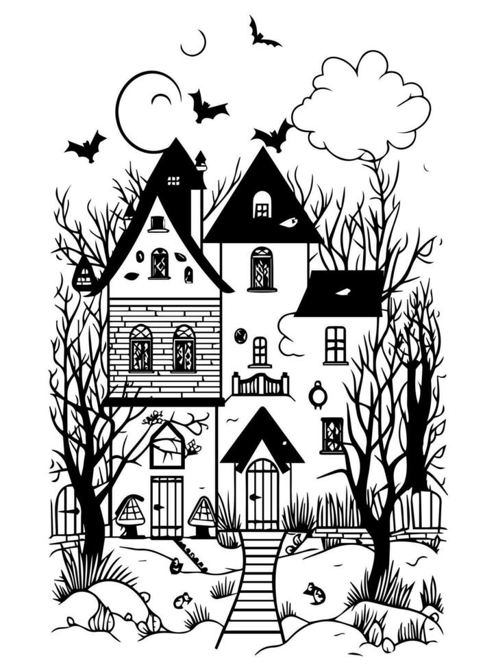 Halloween landscape kids coloring page vector