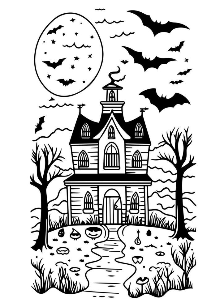 Halloween landscape kids coloring page vector