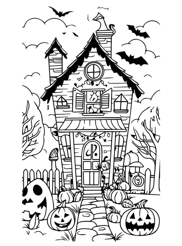 Halloween landscape kids coloring page vector