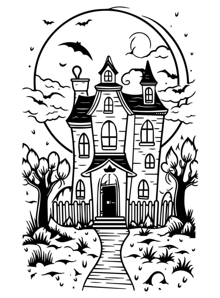 Halloween landscape kids coloring page vector