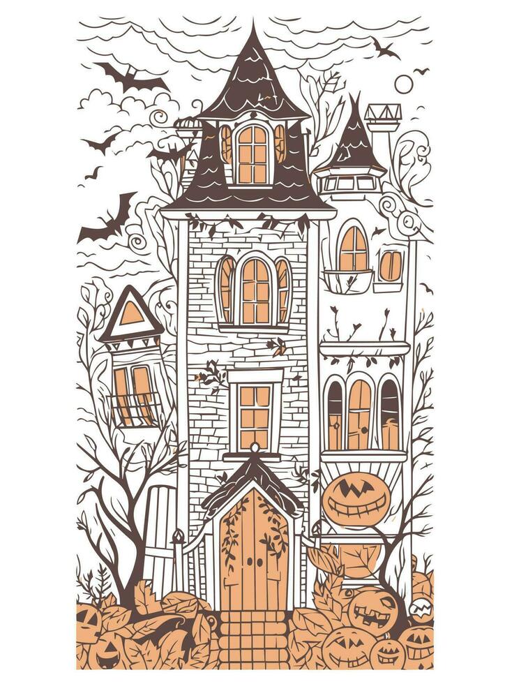 Halloween landscape kids coloring page vector