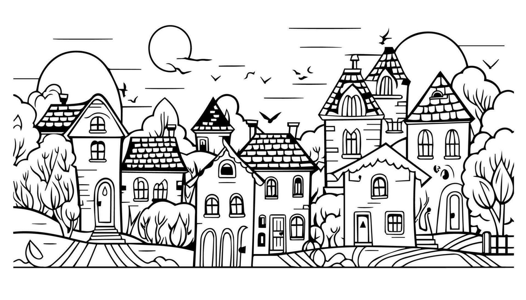 Halloween landscape kids coloring page vector