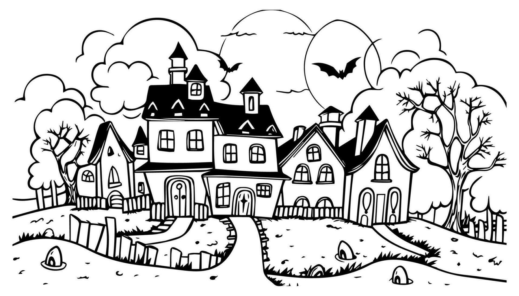 Halloween landscape kids coloring page vector