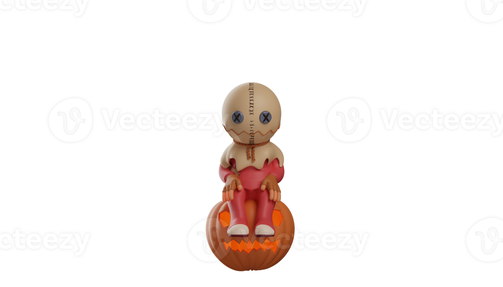 3D illustration. Sad Trick r Treat 3D Cartoon Character. Trick r Treat sits on a big Halloween pumpkin. Trick r Treat fell silent and showed a pitiful expression. 3d cartoon character png