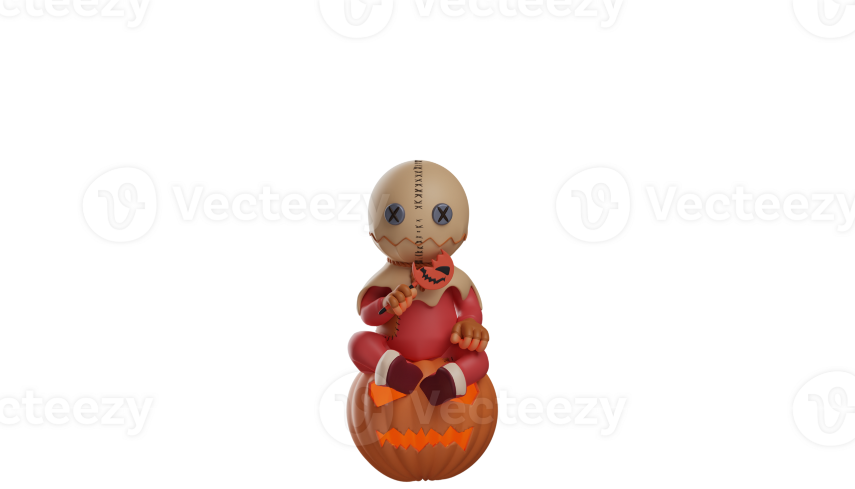 3D illustration. Cute Trick r Treat 3D Cartoon Character. Trick r Treat sits on a big Halloween pumpkin. Trick r Treat sitting holding a small Halloween stick. 3d cartoon character png