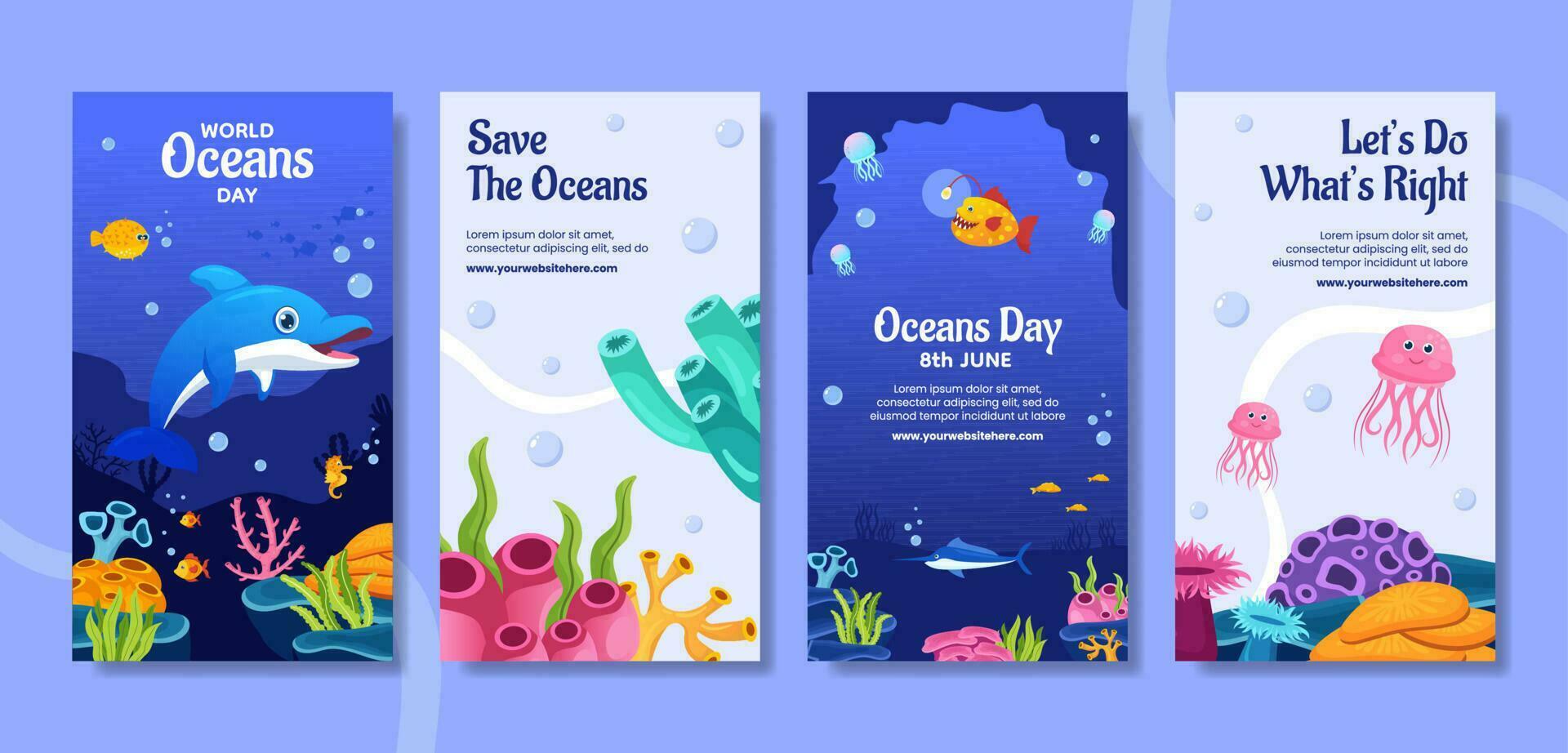 World Oceans Day Social Media Stories Flat Cartoon Hand Drawn Templates Background Illustration vector