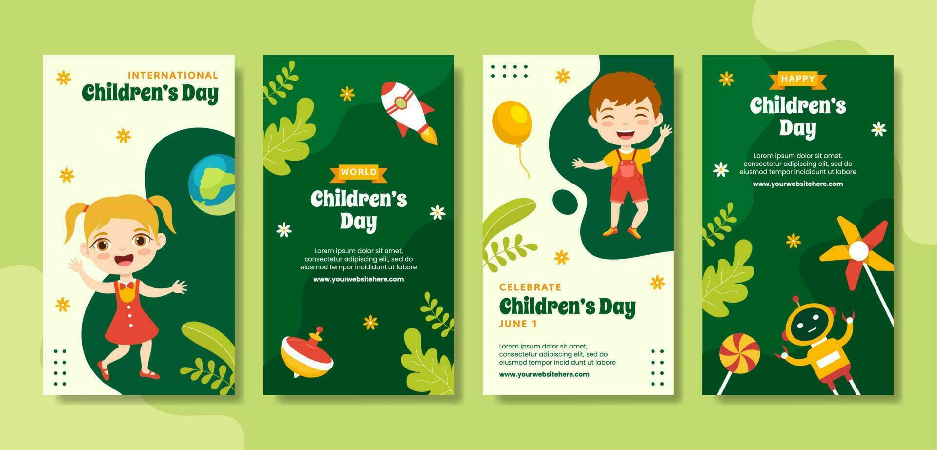 Happy Children Day Social Media Stories Flat Cartoon Hand Drawn Templates Background Illustration vector