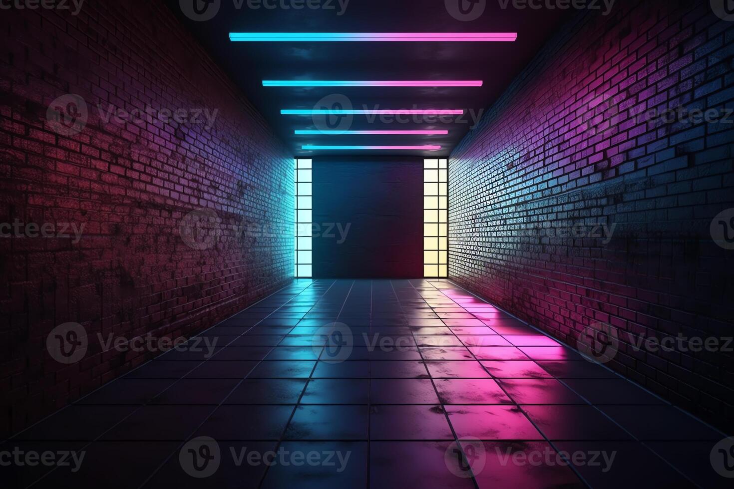 Dark sci fi modern futuristic empty grunge brick wall room purple blue pink glowing lights concrete floor neon vertical line light shapes empty space 3d rendering. photo