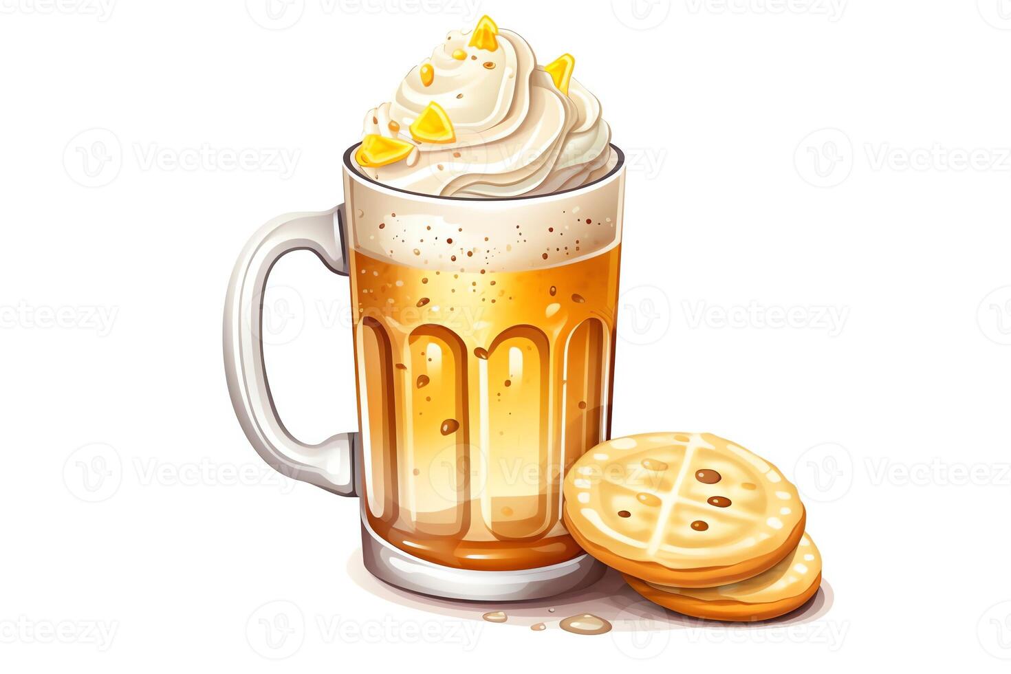 Sugar cookie beer pint with foam shape and yellow shiny glazing sweet dessert white illustration cookie decoration pub beverage white background food illustration clipart. photo