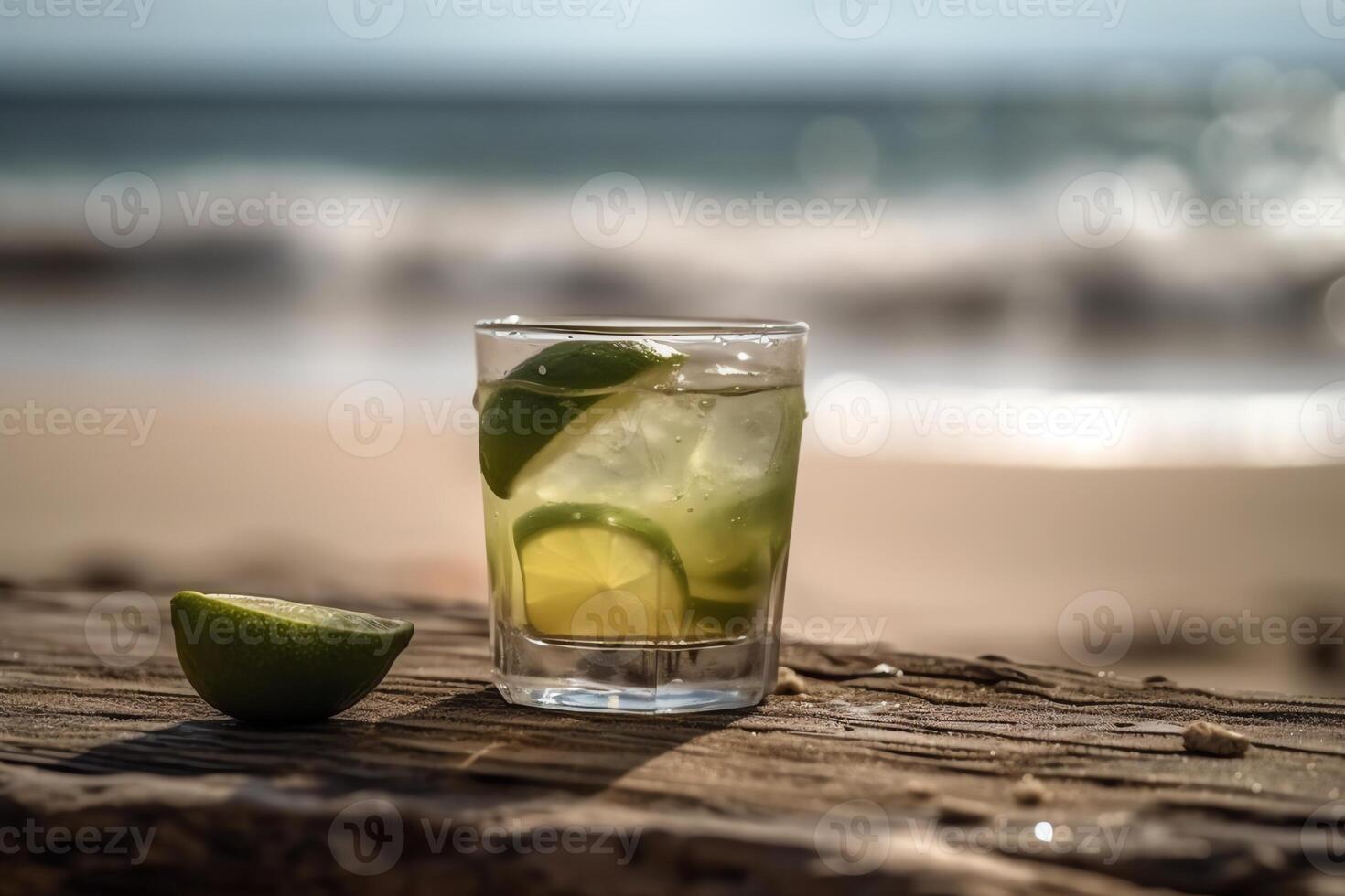 Summer tropical beach background with fresh margarita coctail on the table in hot summer day. photo