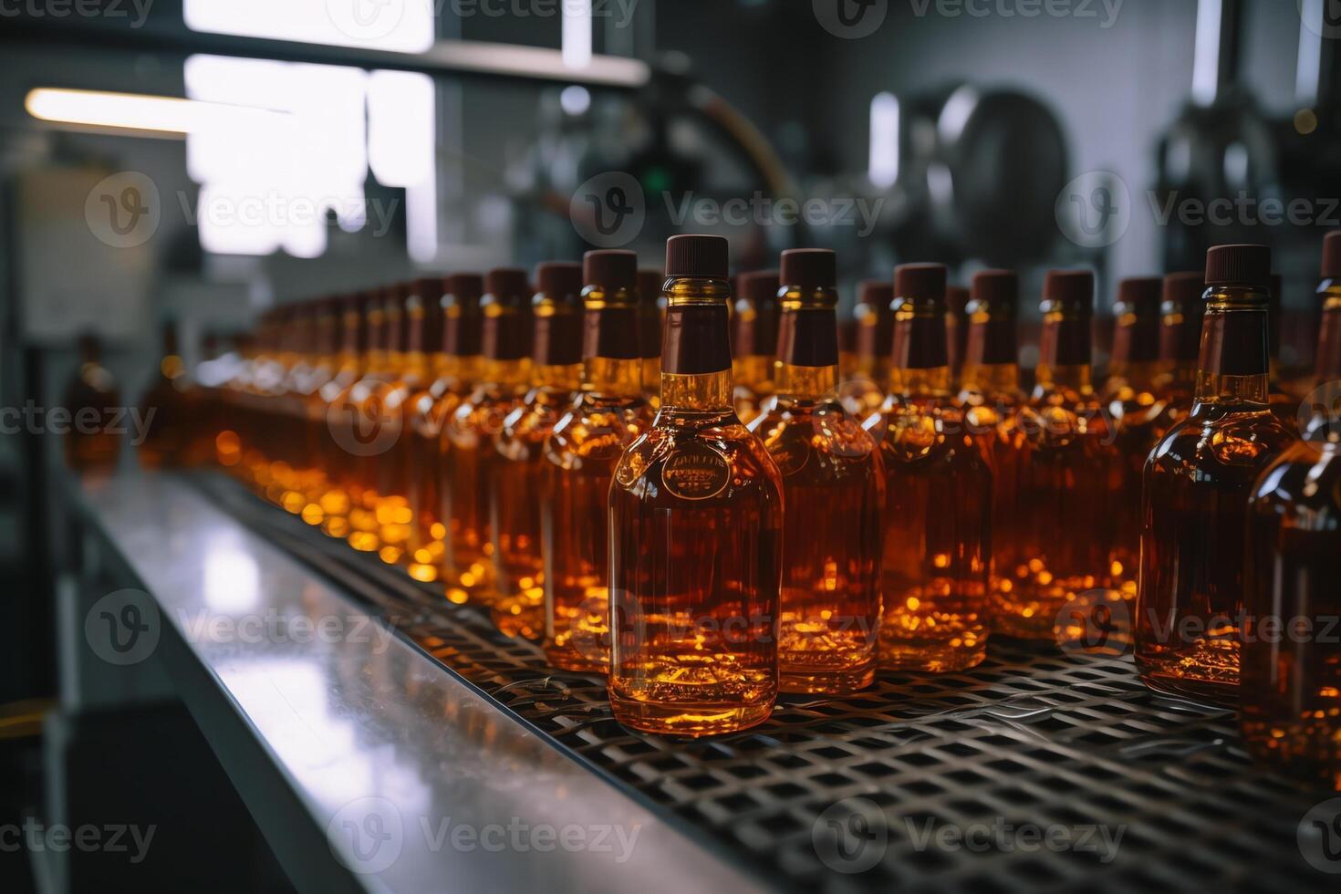 un botella de ámbar con whisky rodeado por otro botellas en el fábrica transportador. ai generado foto