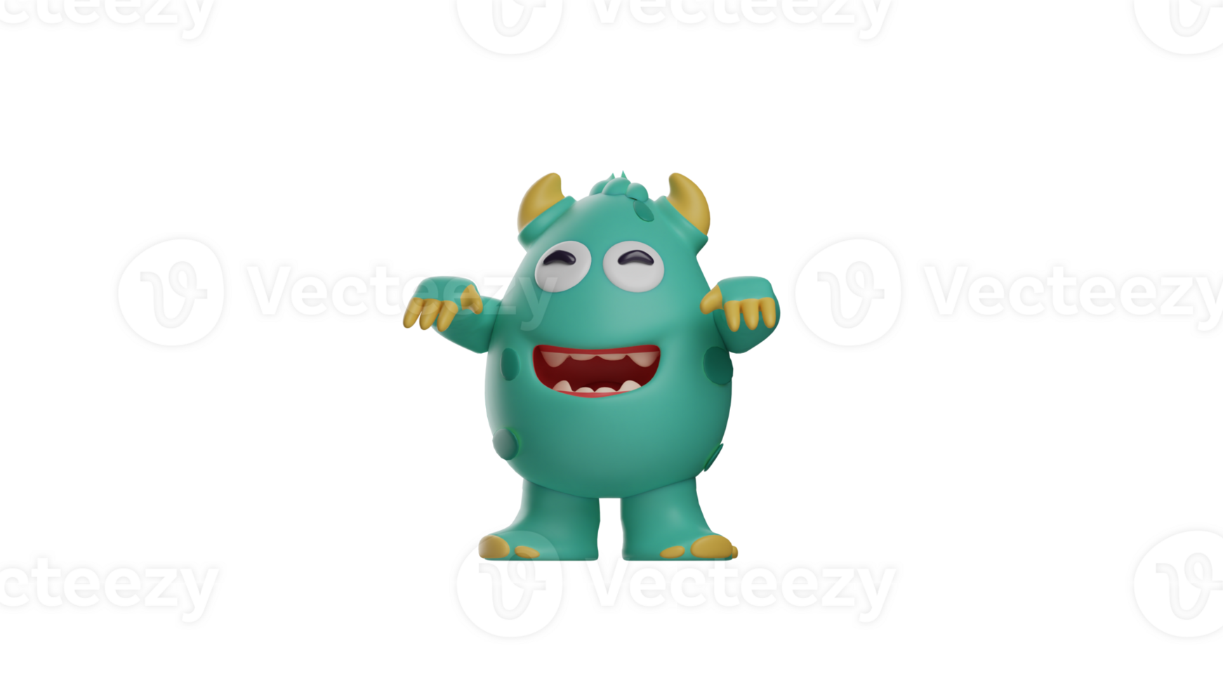 3D illustration. Attractive Monster 3D Cartoon Character. Monster raised both arms forward and posed like a zombie. Cute monster smiles and prepares to scare his friend. 3d cartoon character png
