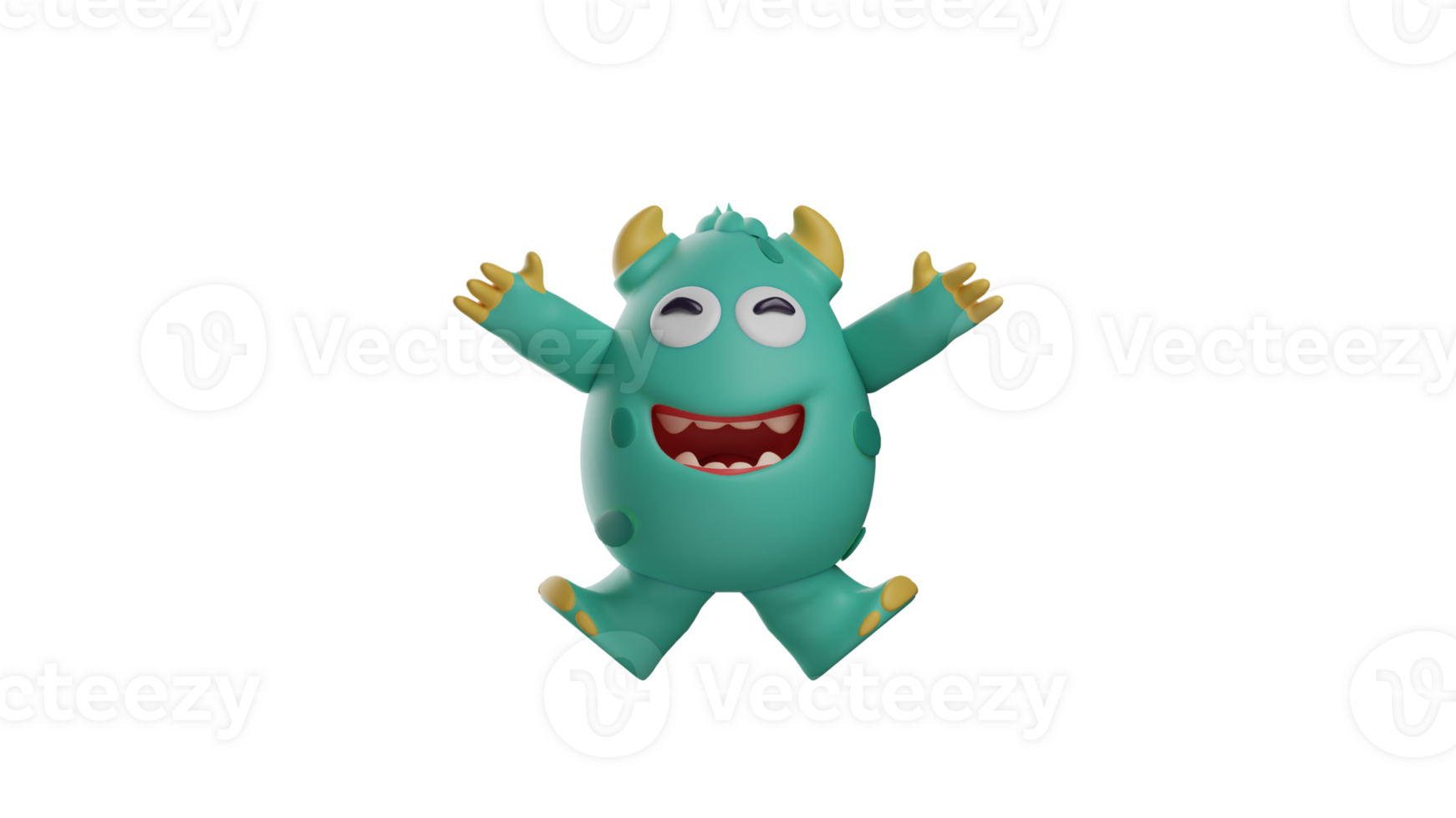 3D illustration. Cheerful Monster 3D Cartoon Character. Kids Monster jump high. The cute monster jumps while spreading its arms. The monster showed happy expression. 3d cartoon character png