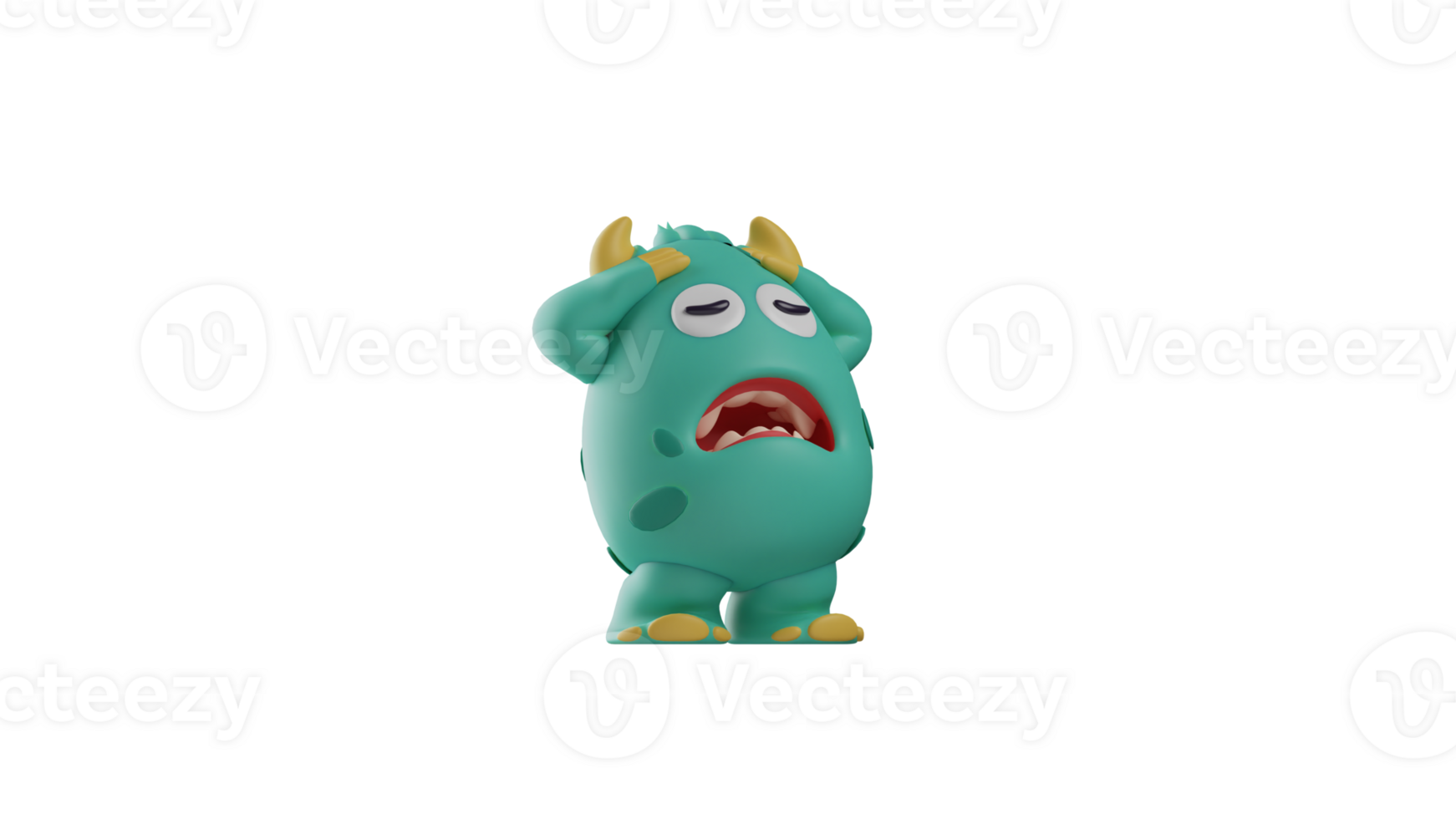 3D illustration. Blue Monster 3D Cartoon Character. The monster showed a tired expression. The little monster put his hands on his forehead. 3d cartoon character png