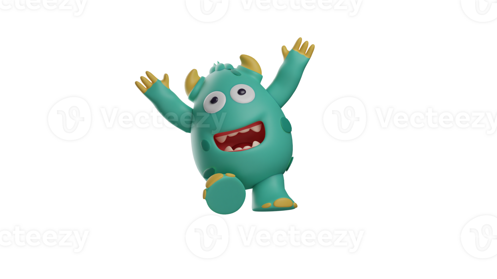 3D illustration. Happy Monster 3D Cartoon Character. Monster stepped while raising both hands. The little monster showed an extremely happy expression. 3d cartoon character png
