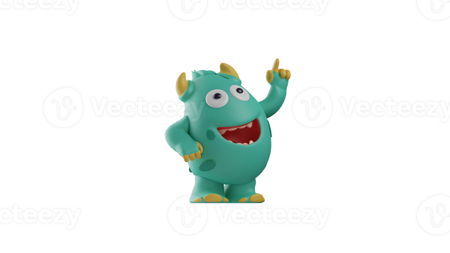 3D illustration. Adorable Monster 3D Cartoon Character. Cute monster grinning broadly while pointing up. The monster showed extremely happy expression. 3d cartoon character png
