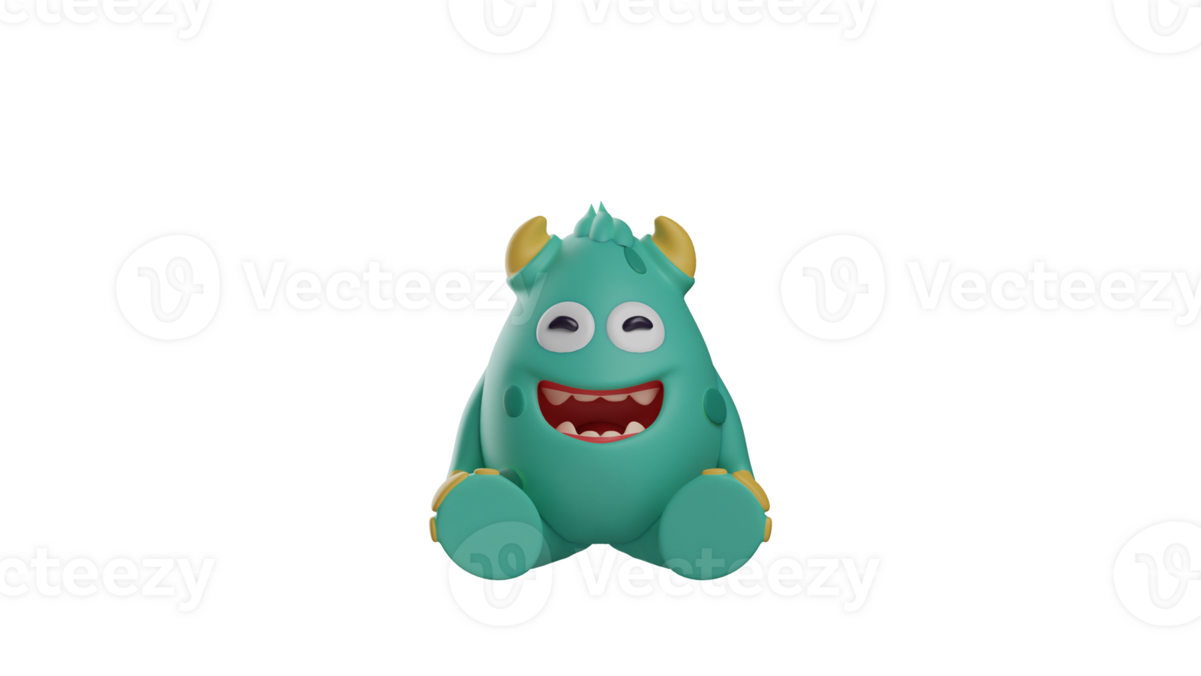 3D illustration. Adorable Monster 3D Cartoon Character. A tiny monster in a sitting pose. Monster grinned broadly and showed sharp teeth. 3d cartoon character png