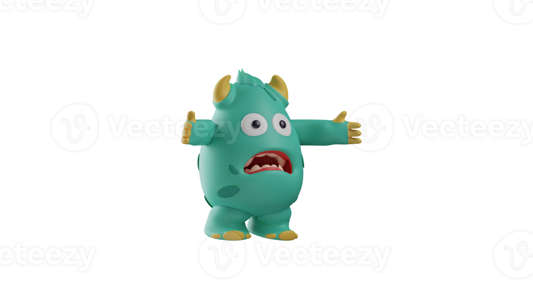 3D illustration. Cute Monster 3D Cartoon Character. The monster showed a surprised expression. The little monster spread its arms as it waited for something to surprise it. 3d cartoon character png