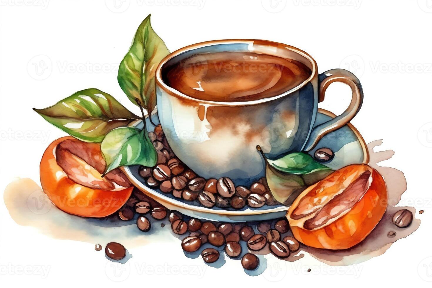 Cup of morning coffee with coffee beans watercolor hand drawn illustration isolated on white background. photo