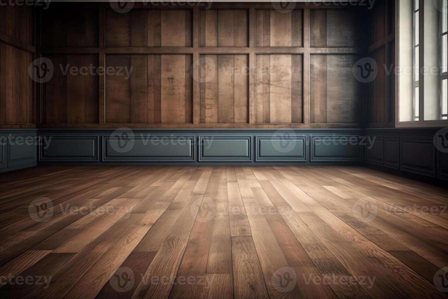 Idea of empty room with vintage wooden floor and large wall used as background studio wall display your products. photo