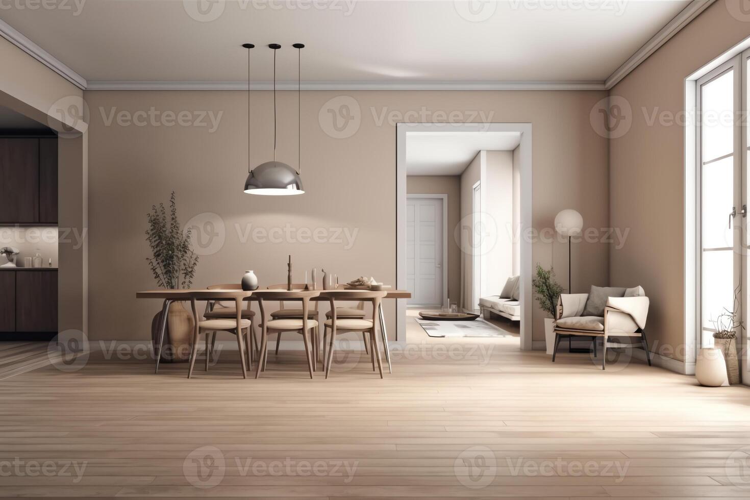 Modern interior design of apartment dining room with table and chairs empty living room with beige wall panorama 3d rendering. photo