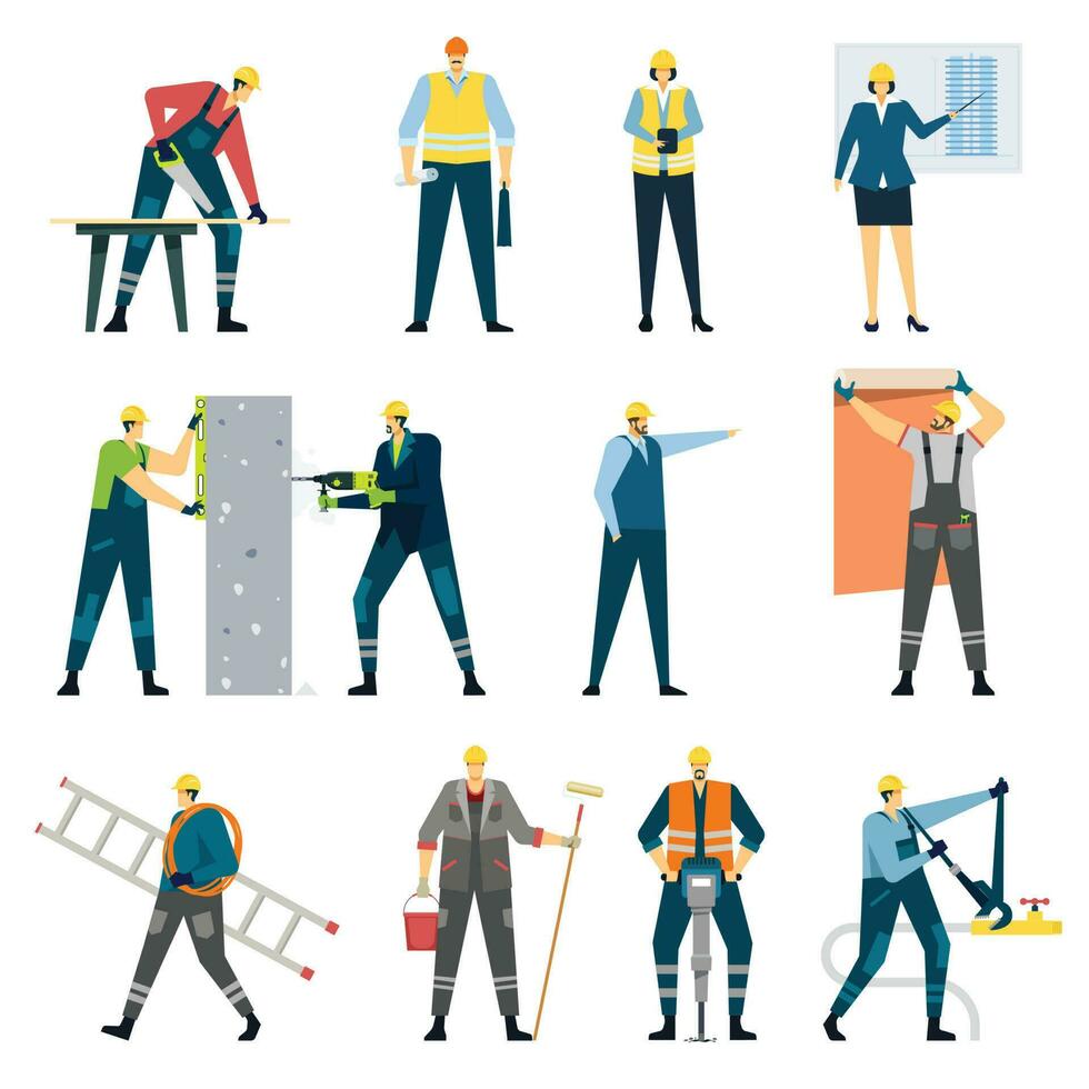 Building construction worker, contractor, engineer, architect, builder. Professional maintenance, home renovation and repair workers Vector set