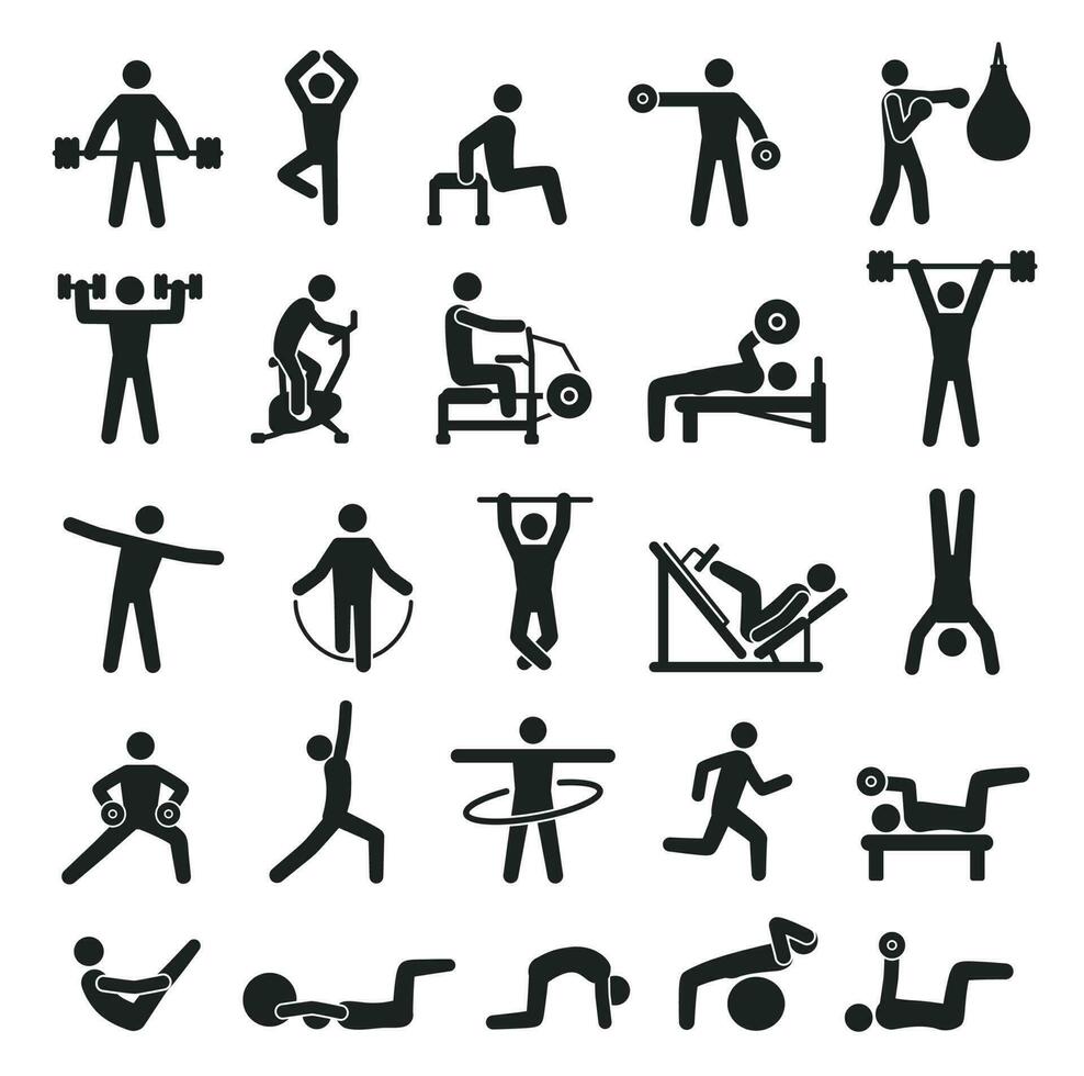 Sport training workout icon, fitness exercising pictograms. People lifting dumbbells, doing yoga, boxing. Sports recreation activity vector set