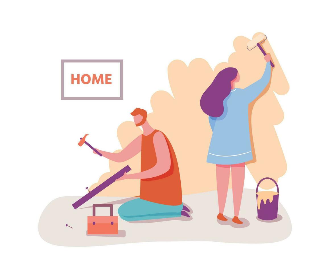 Pareja hombre y mujer haciendo renovación en plano vector