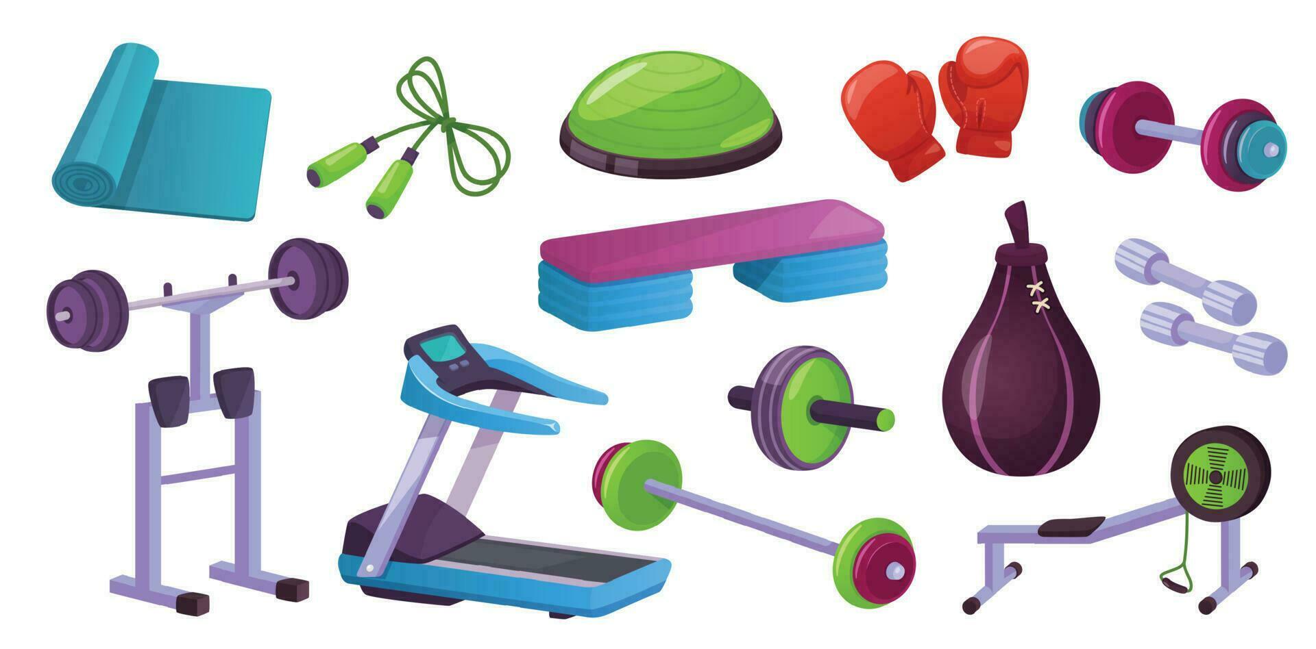 Home gym fitness equipment, sport training workout machines. Gymnastic  ball, dumbbells, yoga mat. Healthy lifestyle exercising tools vector set  23355681 Vector Art at Vecteezy