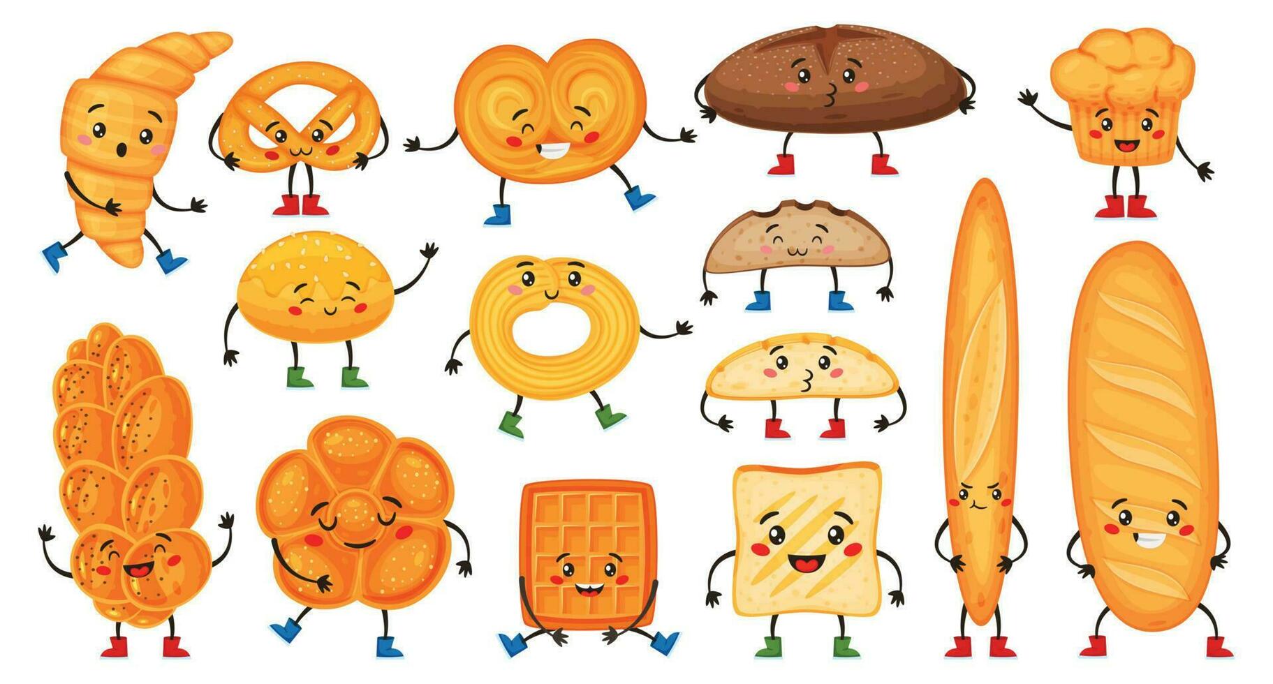 Cute cartoon bread characters with happy faces. Funny croissant, muffin, baguette, pretzel and toast. Bakery mascot character vector set