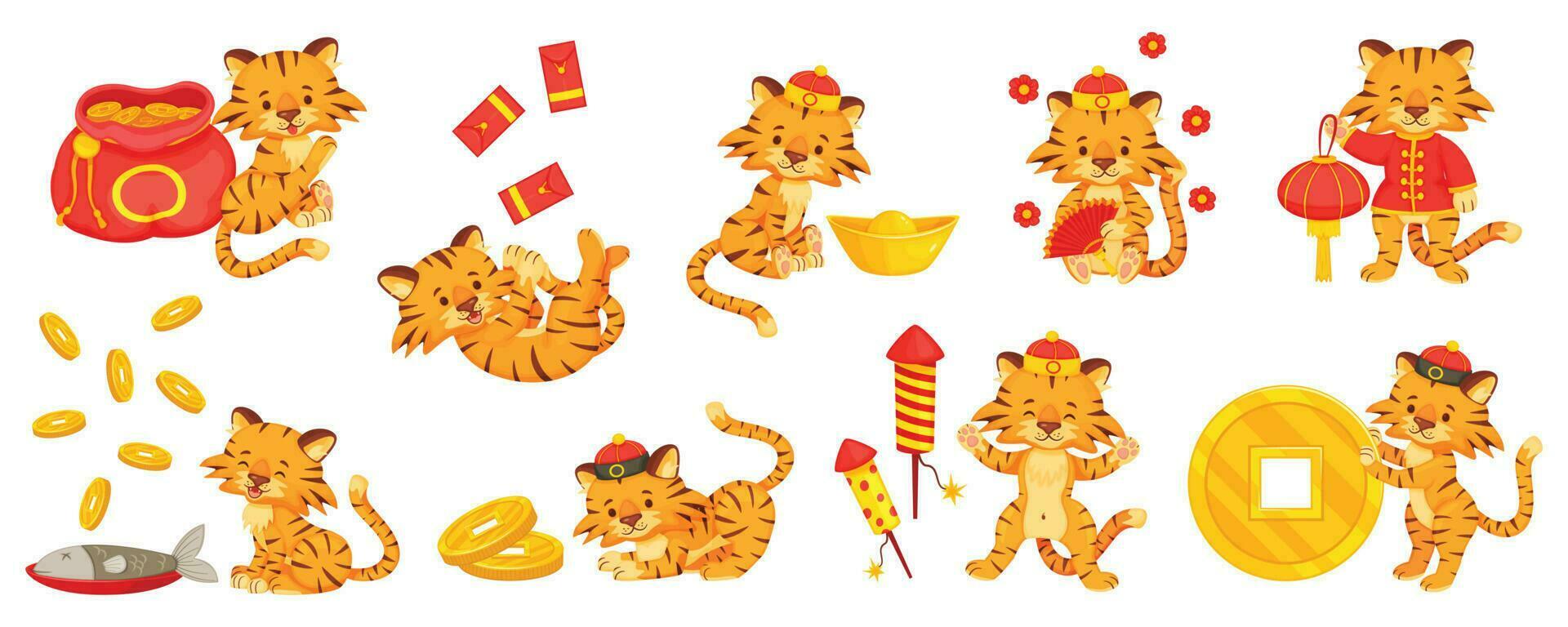 Cartoon chinese new year tiger, cute tigers with gold ingot. Little tiger cubs with firecrackers, money bag. Holiday mascot character vector set