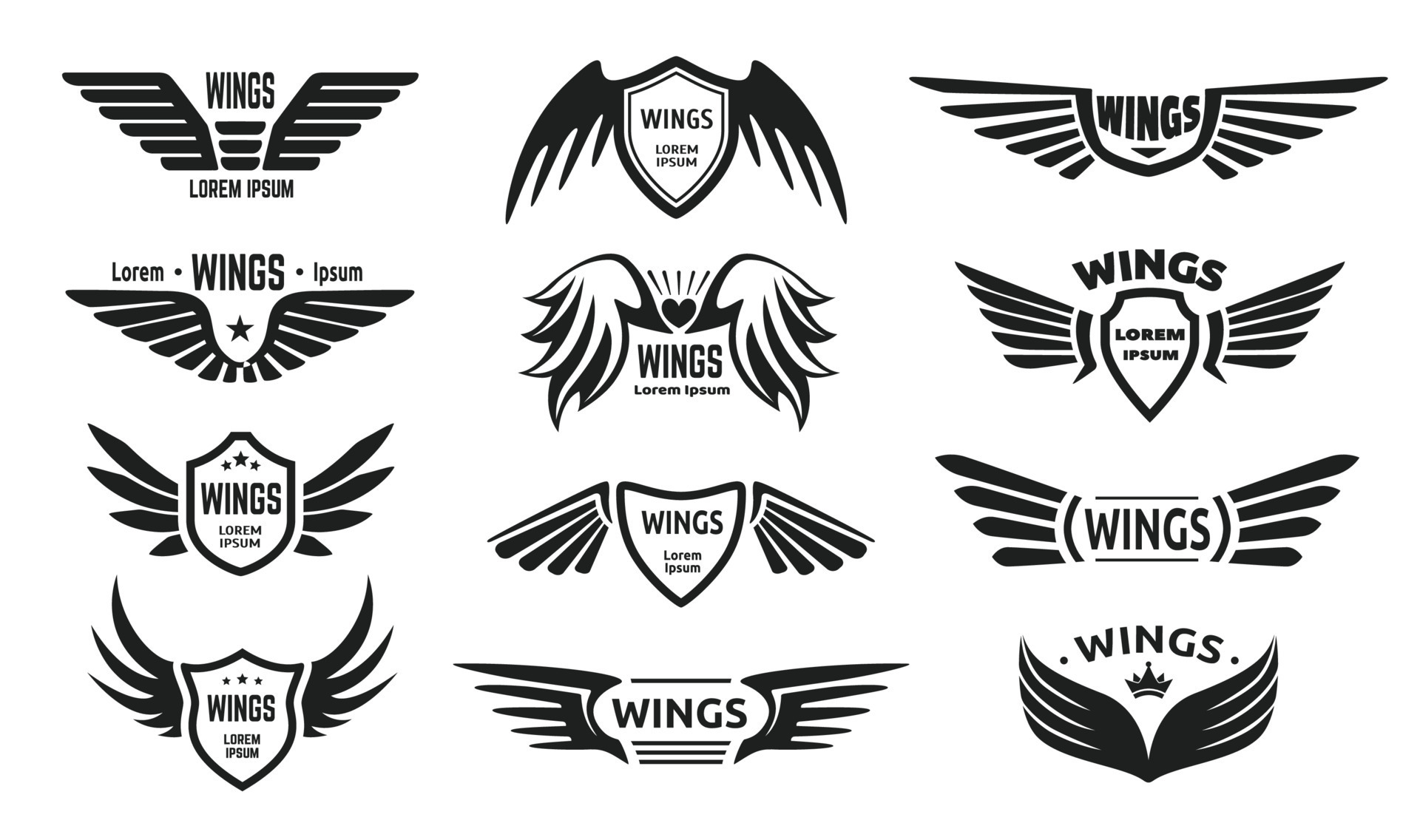 Eagle wing logo, wings with shield badge, pilot winged emblem. Black