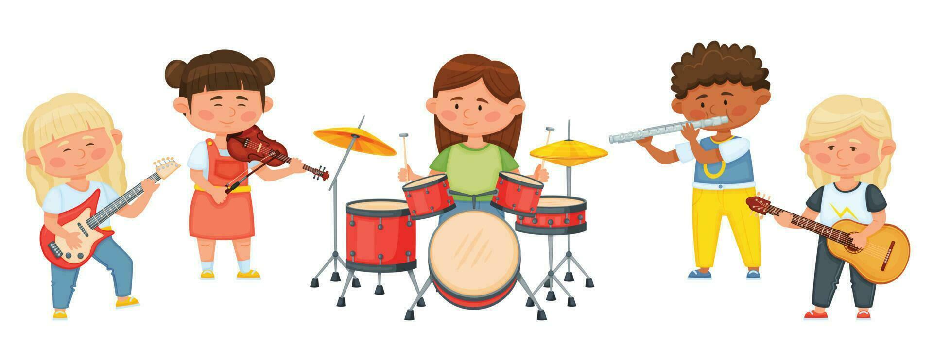 Kids music band, cartoon children playing musical instruments together. Child musicians playing on violin, guitar, drums vector illustration