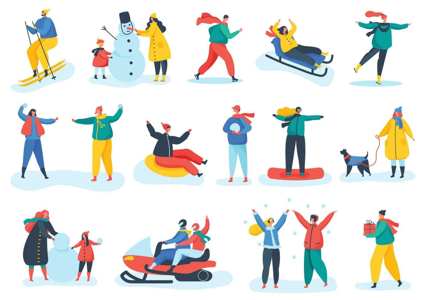 People in warm clothes doing winter outdoor activities in park. Characters snowboarding, building snowman, ice skating, skiing vector set