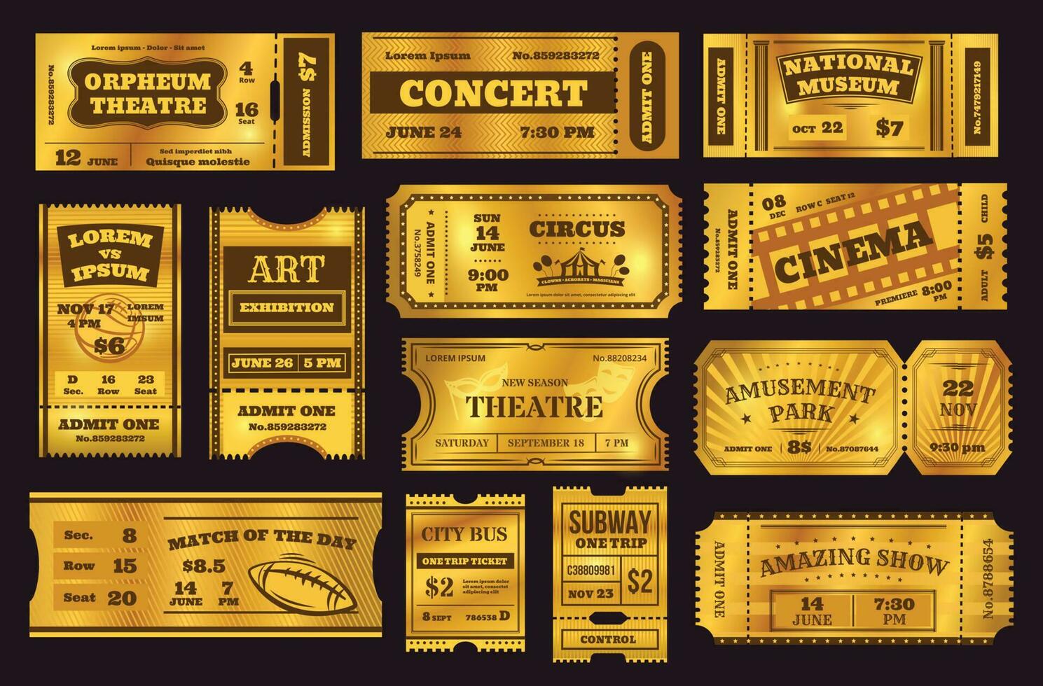 Golden tickets, old vintage coupons, premium gold ticket. Retro cinema or concert admission coupon, circus or theatre invitation card vector set
