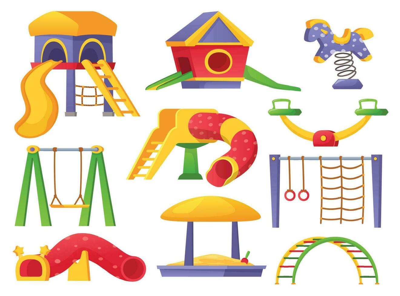 Cartoon children playground elements, kids park equipment. Slide, seesaw, swing, sandbox, swing horse, kindergarten outdoor playset vector set